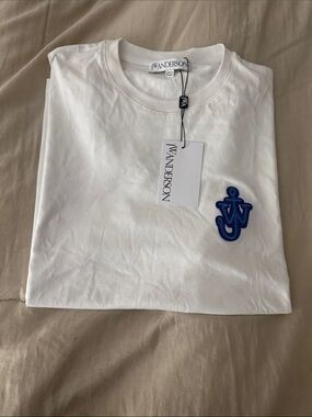 JW ANDERSON White T-Shirt with Blue Anchor Logo Patch
